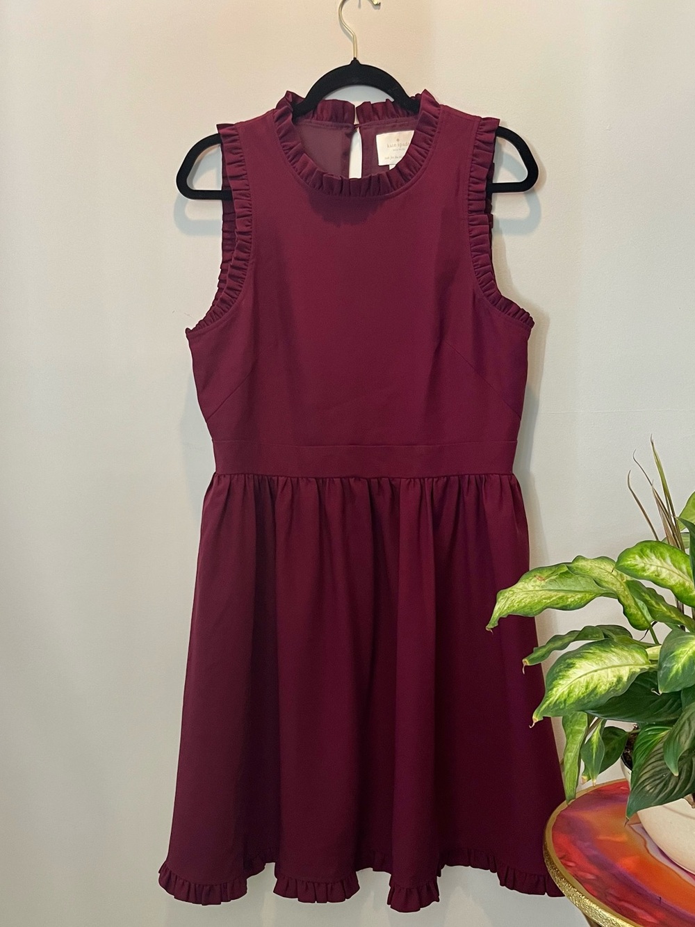 Kate Spade Burgundy Midi Dress Ruffle sleeveless Pockets Career Wedding Guest